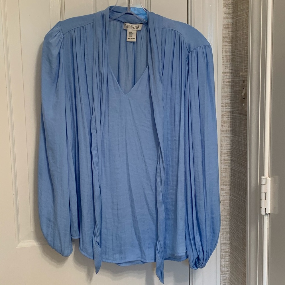 Rachel Zoe Light Blue Satin Blouse Long Sleeve Front Tie Medium